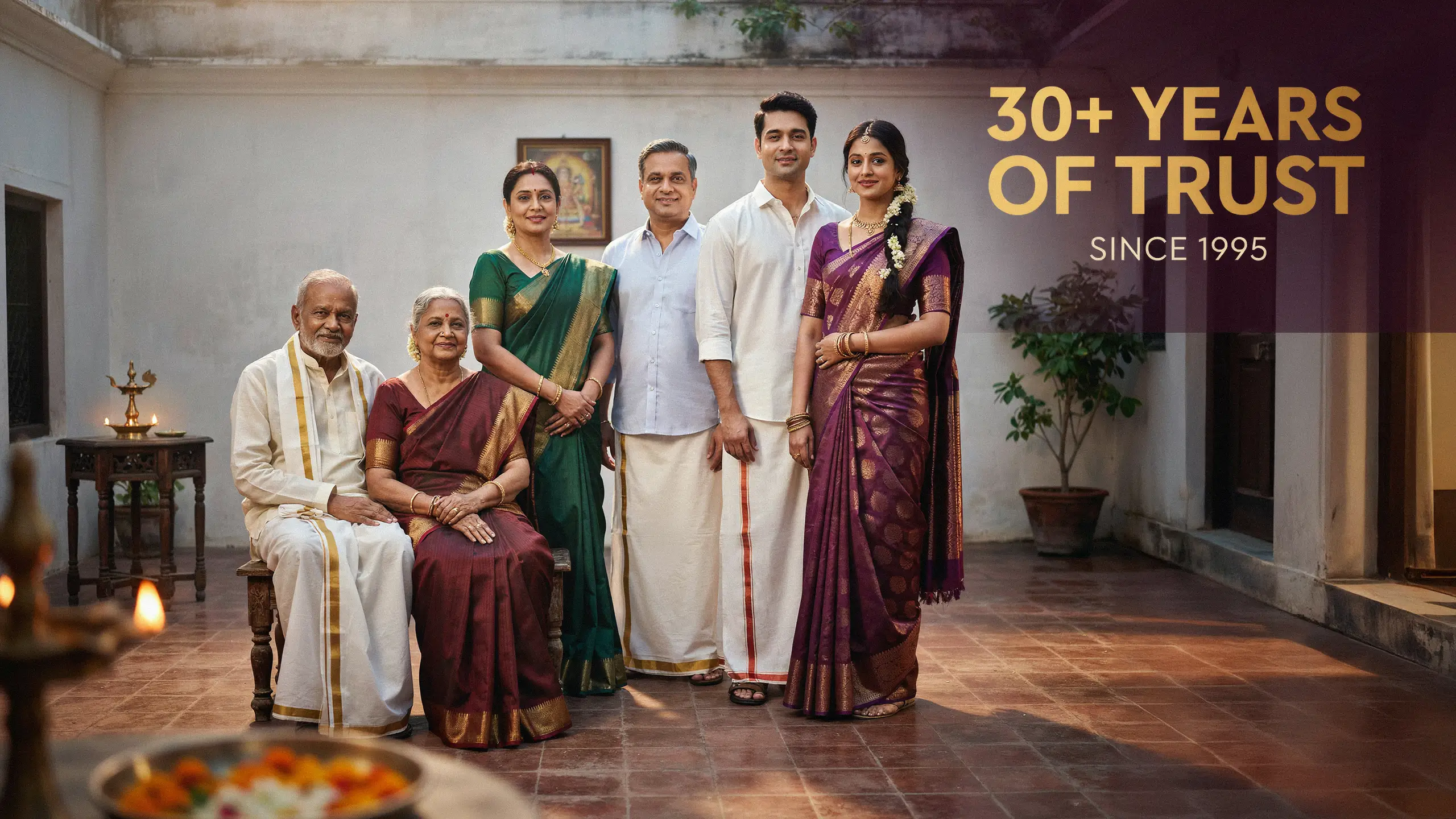 Photograph: six members of a family across three generations, in traditional dress, in a sunlit tiled courtyard with a lit brass lamp and a bowl of marigolds. Headed "30+ Years of trust", with the line "Since 1995".
