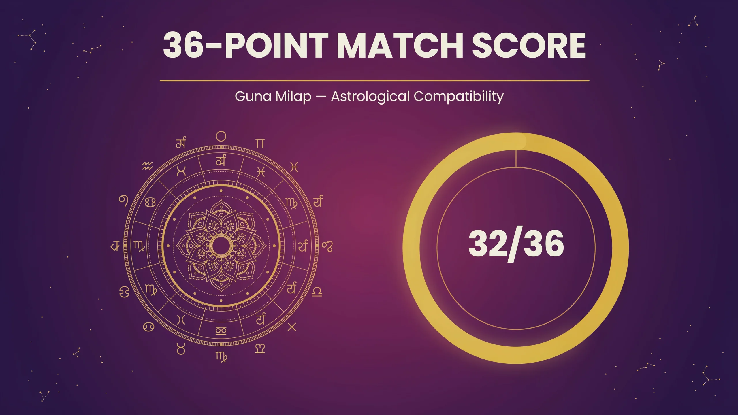 Chart on a deep purple ground headed "36-point match score", subtitled "Guna Milap — Astrological Compatibility", with a gold zodiac wheel beside a gold ring reading "32/36".
