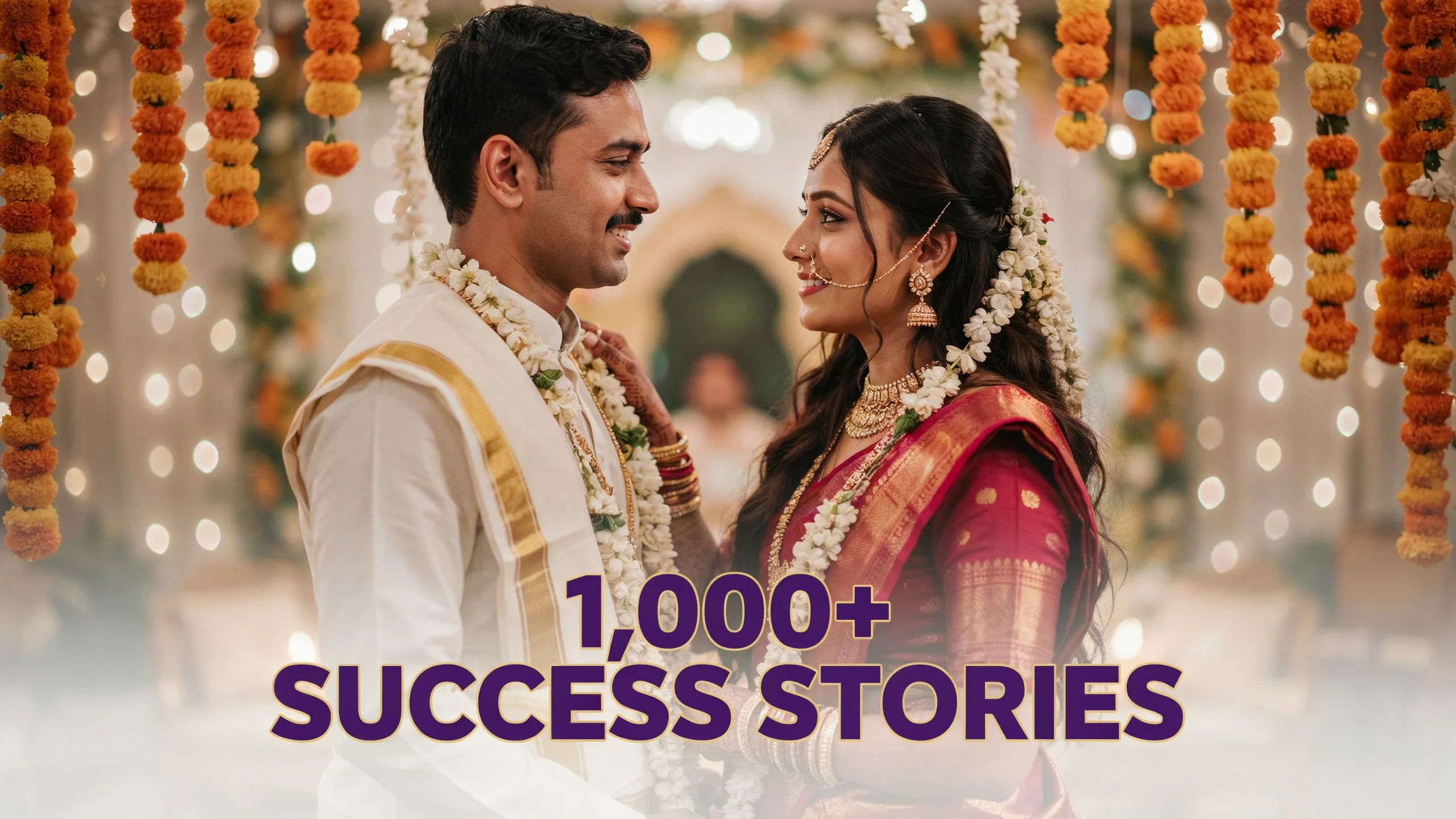 Photograph: a bride and groom in traditional wedding dress facing each other beneath marigold and jasmine garlands, string lights behind them. Headed "1,000+ Success stories".